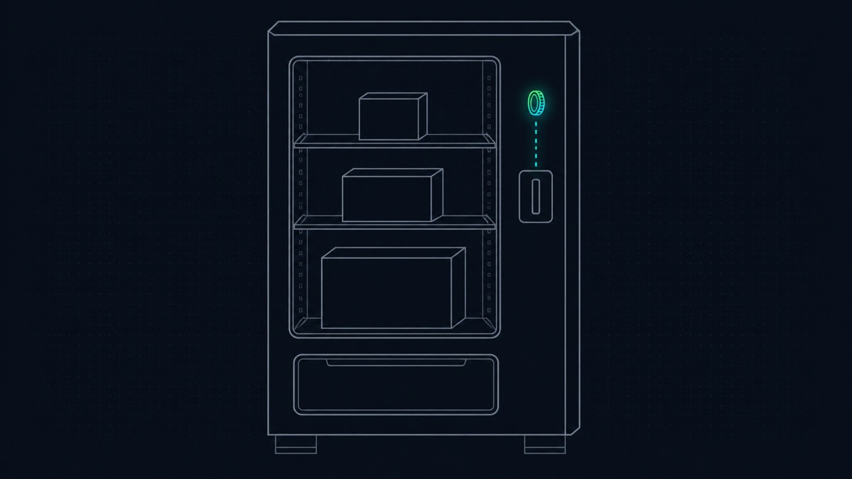 Technical line illustration: a vending machine with three visible shelves, each shelf holding a parcel of a different size, and a single coin dropping into its coin slot