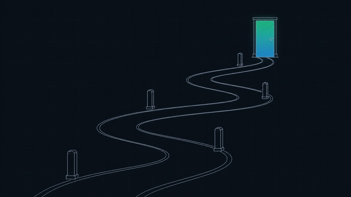 Technical line illustration: a long winding road receding across the frame with five milestone posts along it, ending at a closed door