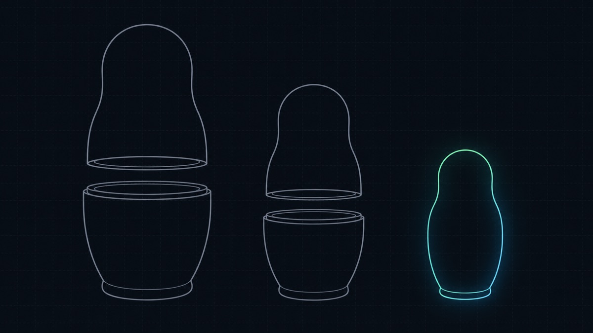Technical line illustration: a set of three plain unpainted matryoshka nesting dolls standing open in a row, the smallest one lifted out and held apart
