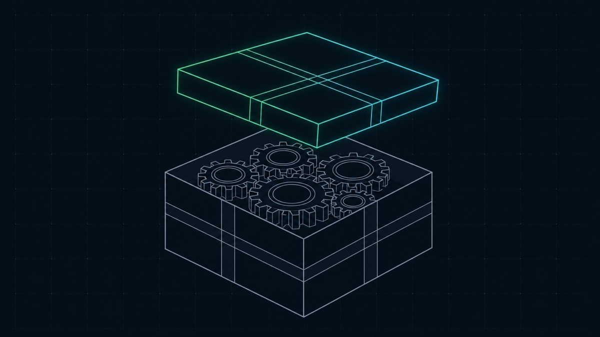 Technical line illustration: a gift box with its lid lifted and tilted, revealing a cluster of gears packed inside