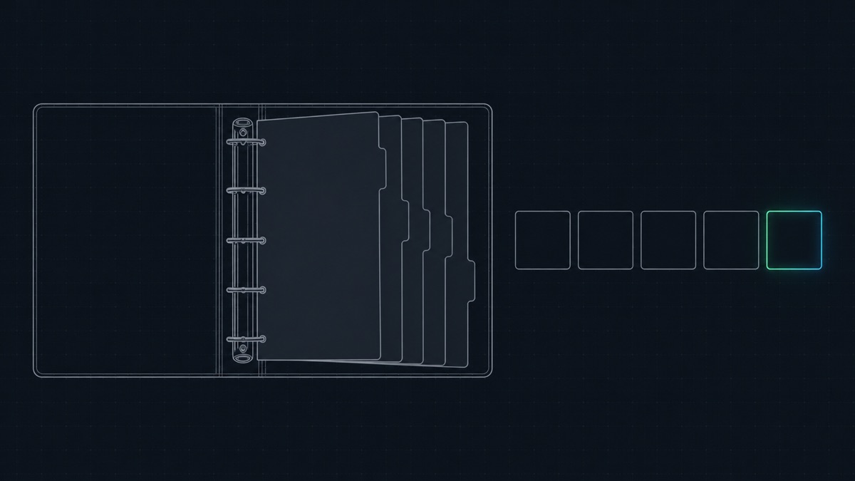 Technical line illustration: an open ring binder lying flat with five tabbed dividers fanned out and a row of five small blank step tiles laid out beside it