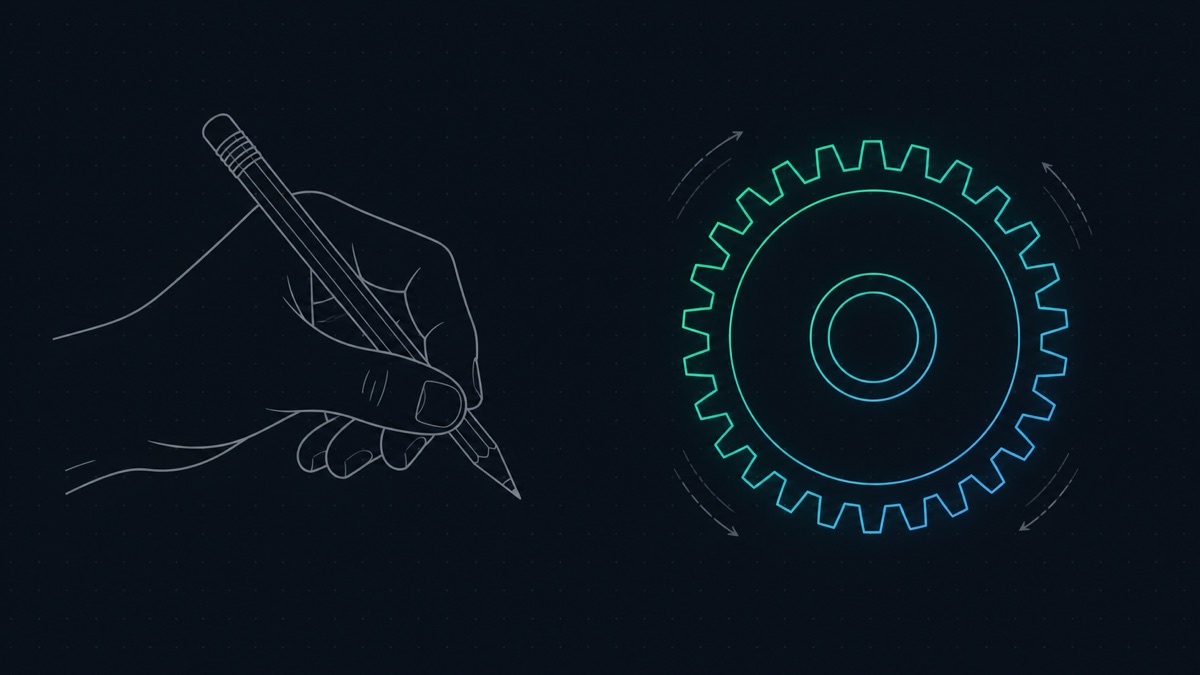 Technical line illustration: a simple hand silhouette holding a pencil on the left and a large gear turning on the right, both at equal size