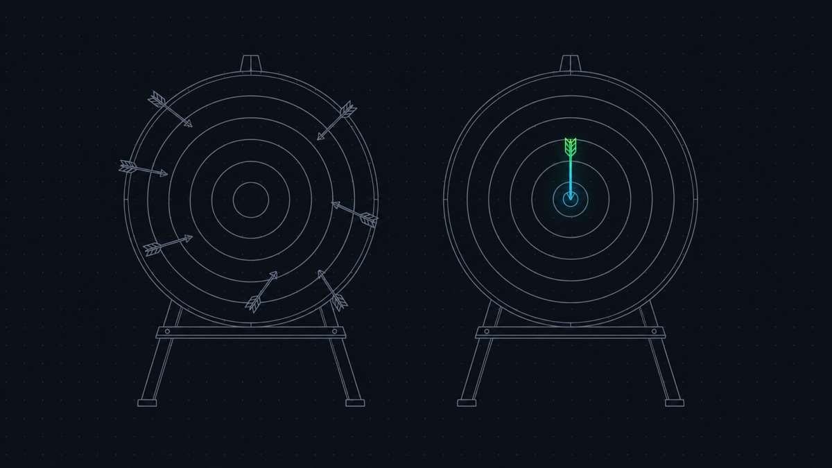 Technical blueprint illustration of two archery targets side by side, the left target crowded with seven arrows scattered across its outer rings and the right target holding a single arrow dead center glowing green and cyan.
