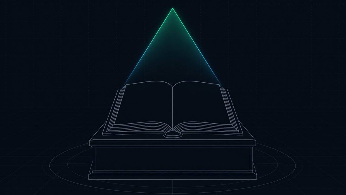 Technical line illustration: a thick technical manual standing open on a low pedestal, a narrow spotlight cone falling on it from above