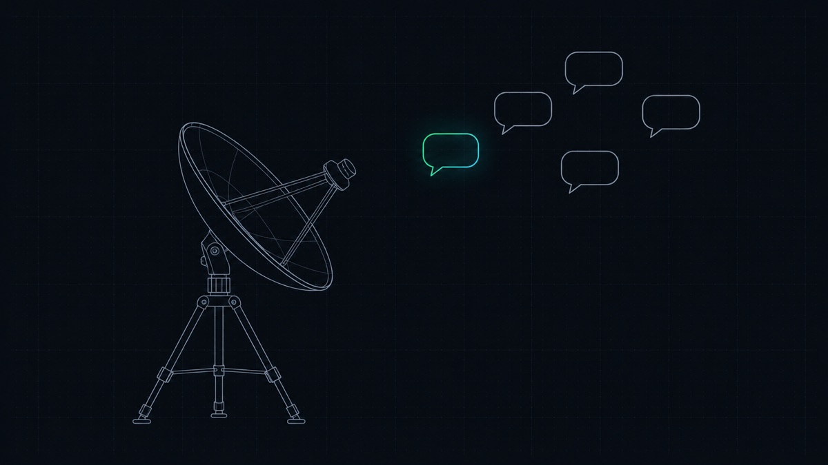 Technical line illustration: a satellite dish on a tripod aimed up and to the right at a loose cluster of small speech bubbles