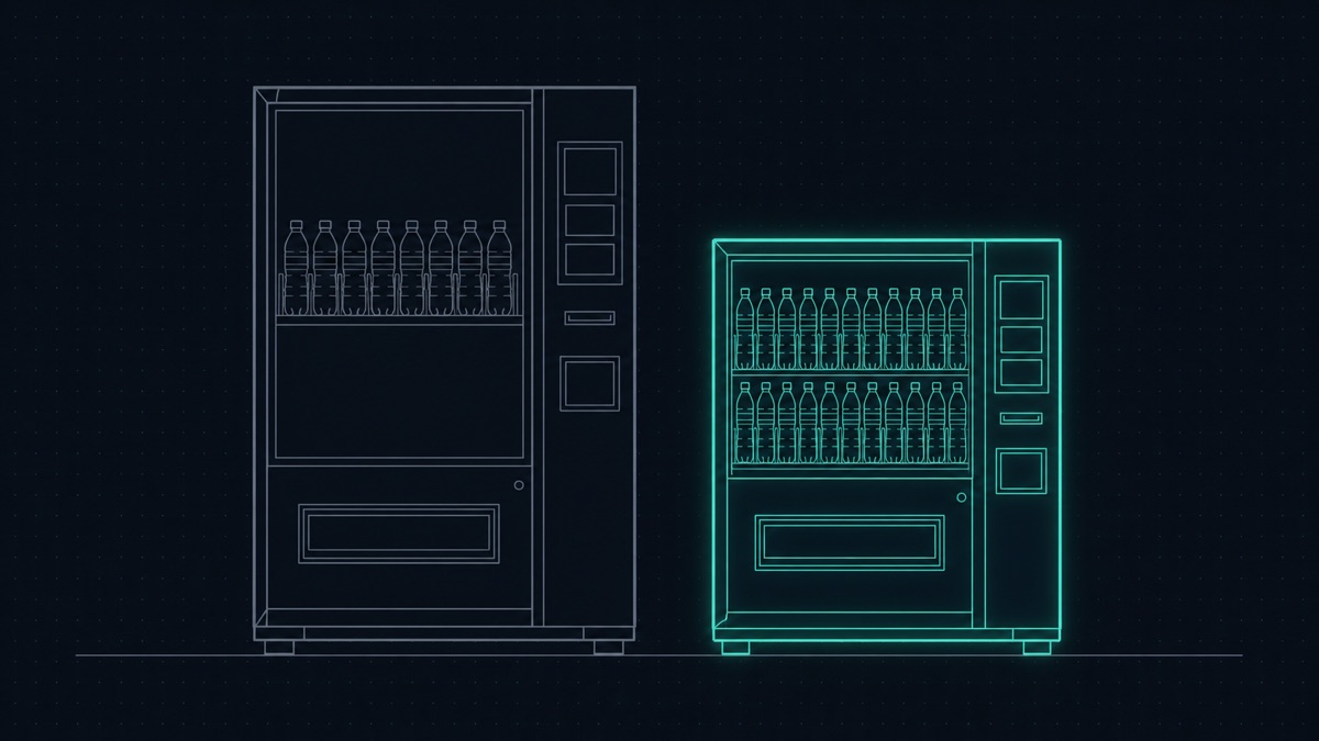 Technical blueprint illustration of two vending machines side by side dispensing the same bottled product, the larger machine dim while the smaller machine beside it glows green and cyan with twice as many bottles behind its window.