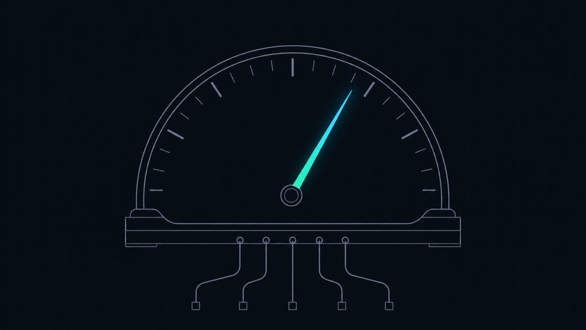 Technical line illustration: a large semicircular gauge dial with a single needle, five thin input lines feeding into the base of the gauge from below