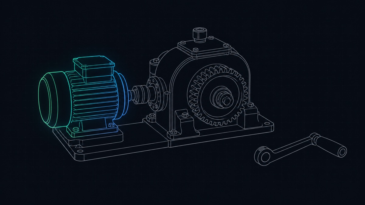 Technical line illustration: a machine with a detached hand crank lying on the ground beside it, and a compact motor now mounted in the crank's place, driving the same gear